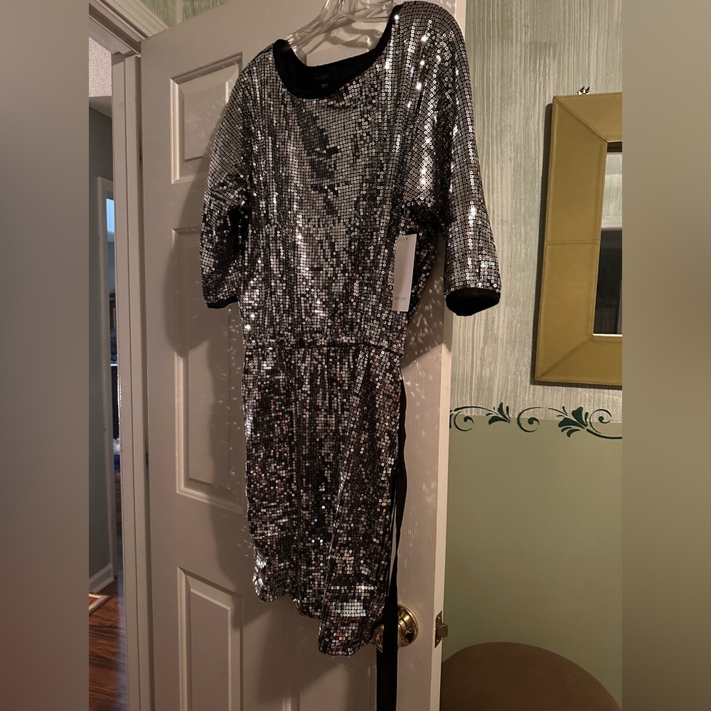 Karen Kane Silver Sequin belted mini-dress